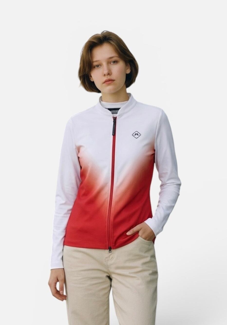 J.Lindeberg Women's Golf Jacket Solar Full Zip Mid Layer – Red & White Ombre Lge